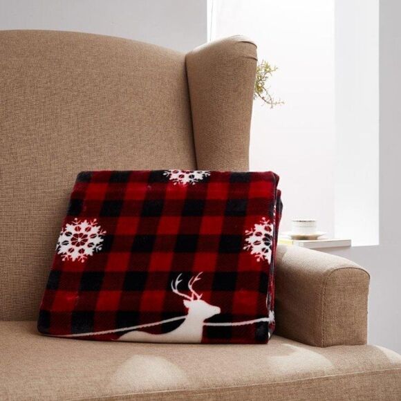 NEW! Red Black Buffalo Plaid Christmas Reindeer Buttery Soft Sherpa Throw - Picture 3 of 3